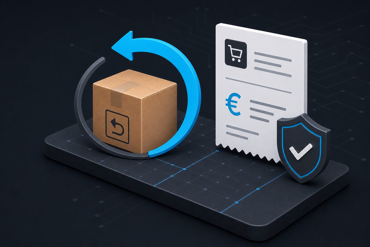 Pacco, freccia di reso, ricevuta e verifica per un processo ecommerce sicuro